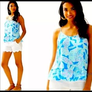 Lilly Pulitzer Bay Blue Into The Deep Coral Peplum Top Cami Tank Size XL
